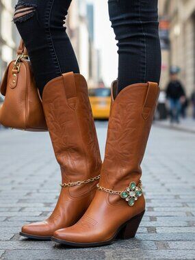 Women Western Boot Gold Metal Chain Bracelet Shoe Charm Bling Flower Anklet SET